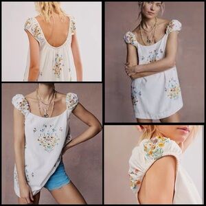 Free People Wildflower Embroidered Linen Blend Boho Coquette Retro Mini Dress M